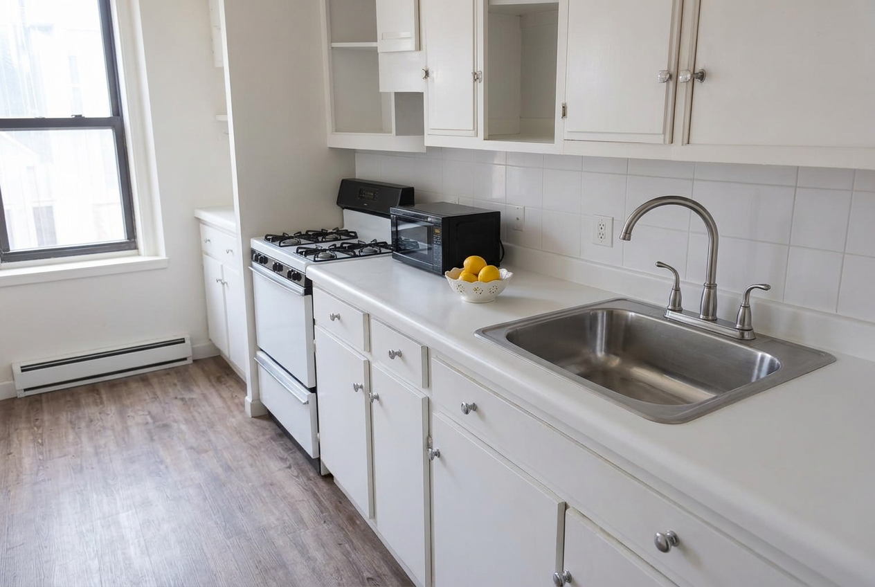 The same kitchen spotless and staged after a move-out clean