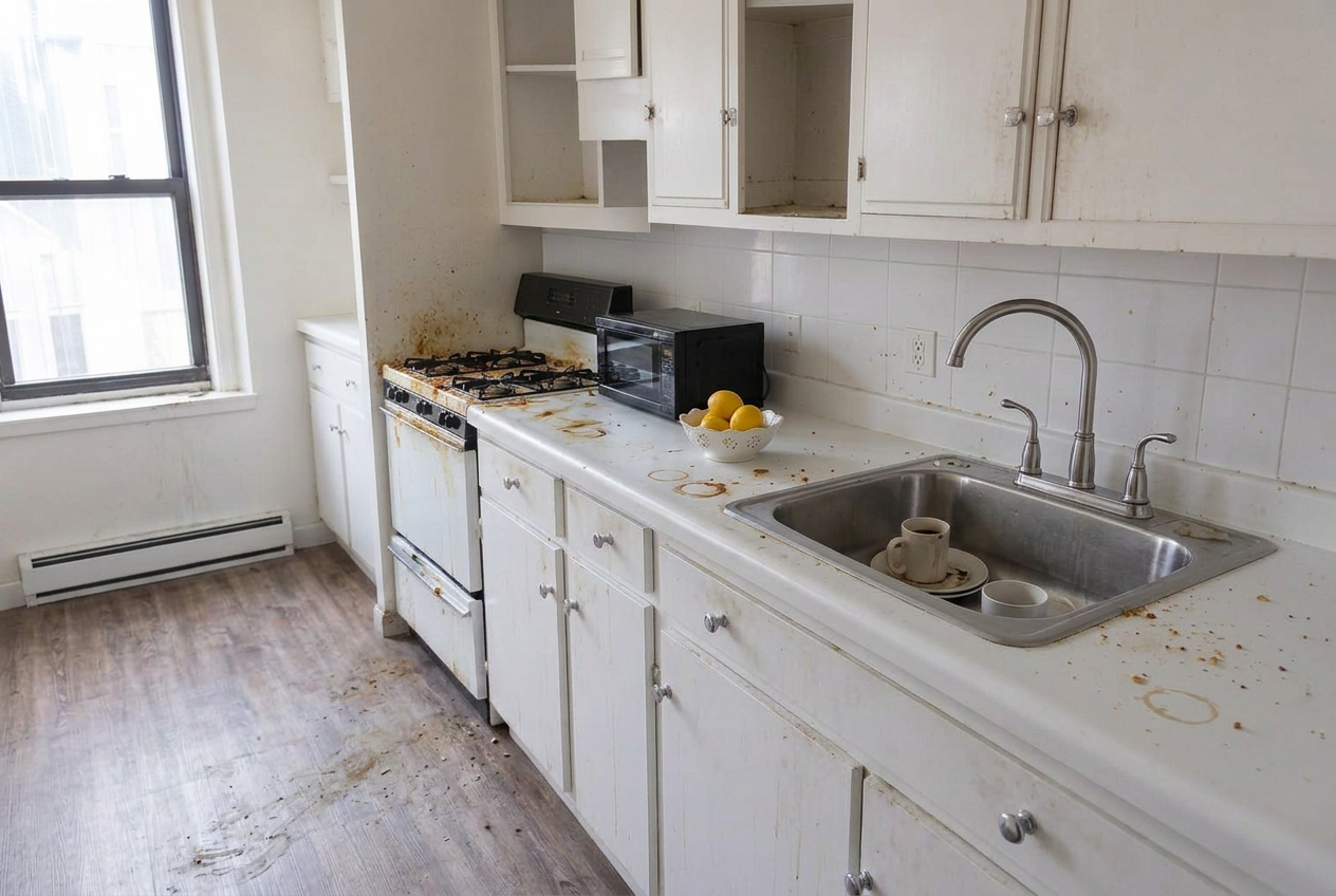 Cluttered, grimy rental kitchen before a move-out clean